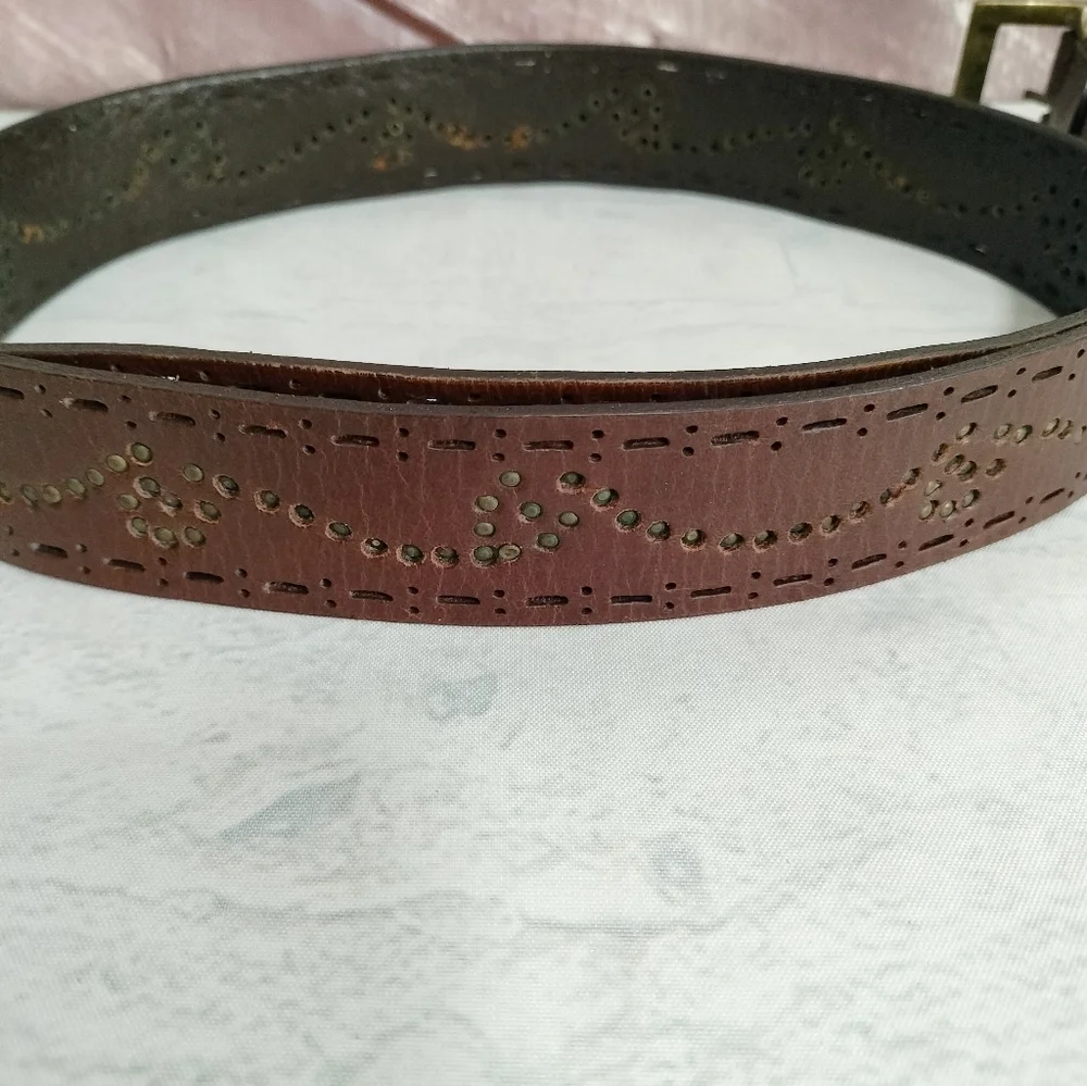 Unisex Brown Leather Belt Embossed Brass Brads Buckle Diecut Western Retro